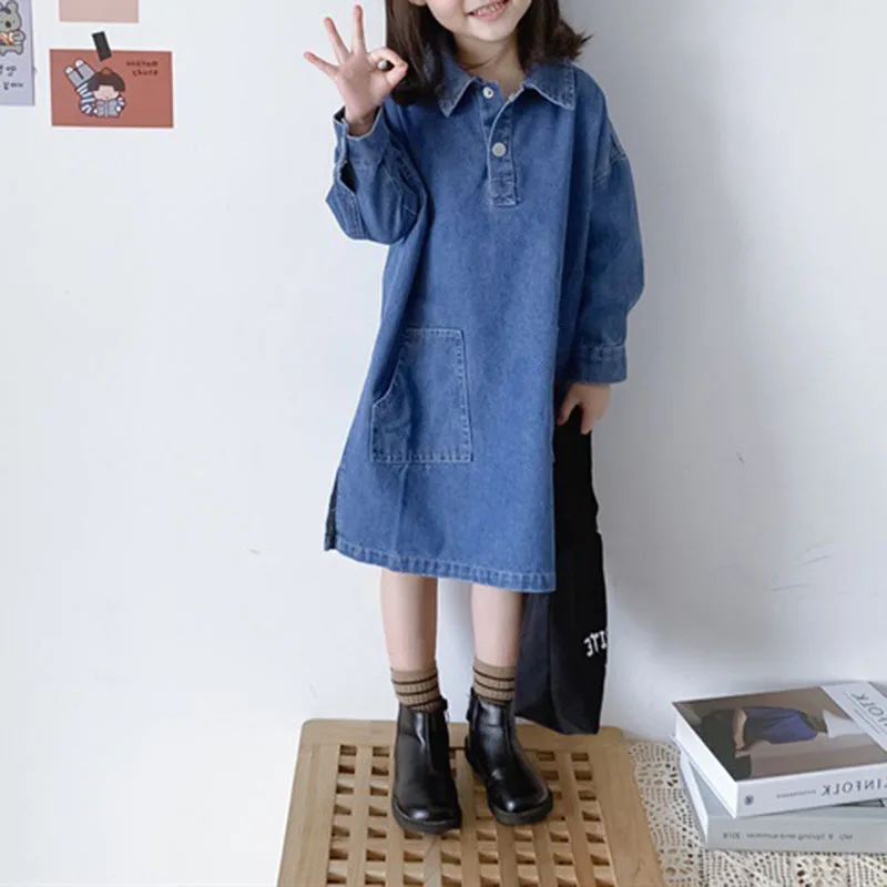 Spring Autumn Children Clothing Girls Dress 2022 New Fashion Lapel Loose Denim Long Dress Baby Clothes Casual Dress for Girls