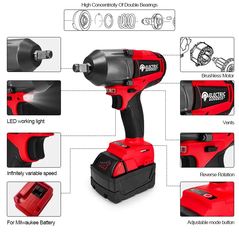 Imagem -05 - Egod Chave de Impacto Elétrica sem Escova 1300n.m Alto Torque de Íon de Lítio Led Luz para Reparo Automotivo Doméstico Adequado para Bateria Milwaukee