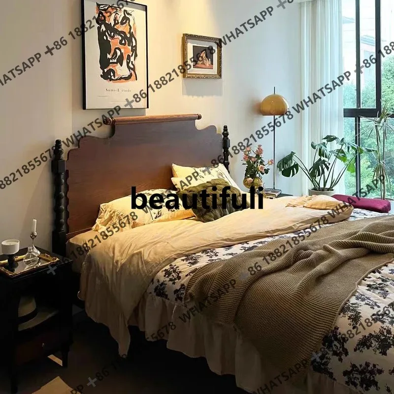 

H Французская винтажная кровать из цельного дерева Постмодернистский минималистский красный дуб для спальни винтажная американская двуспальная кровать H