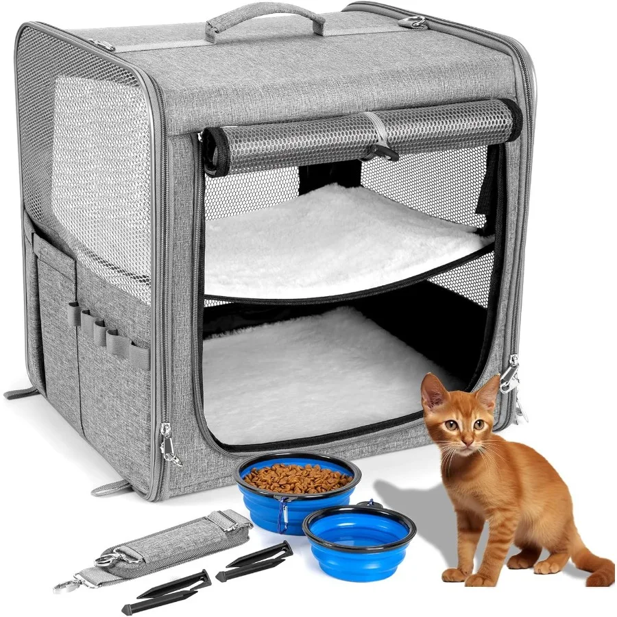 

Cat Carrier for 2 Cats Pet Travel Carrier for Cats and Small Dogs Up to 45 Lbs Bowls and Locking Zippers