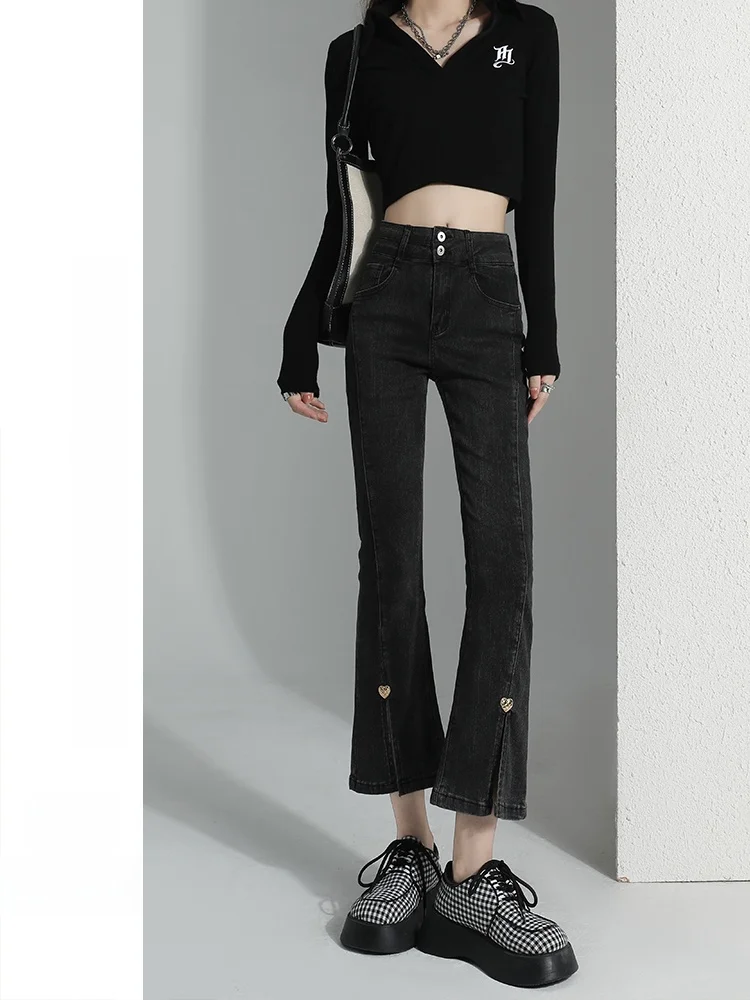 

Женские джинсы-клеш с высокой талией, свободного кроя, эластичные, повседневные, в стиле High Street, темно-синие, из хлопкового стрейч-денима