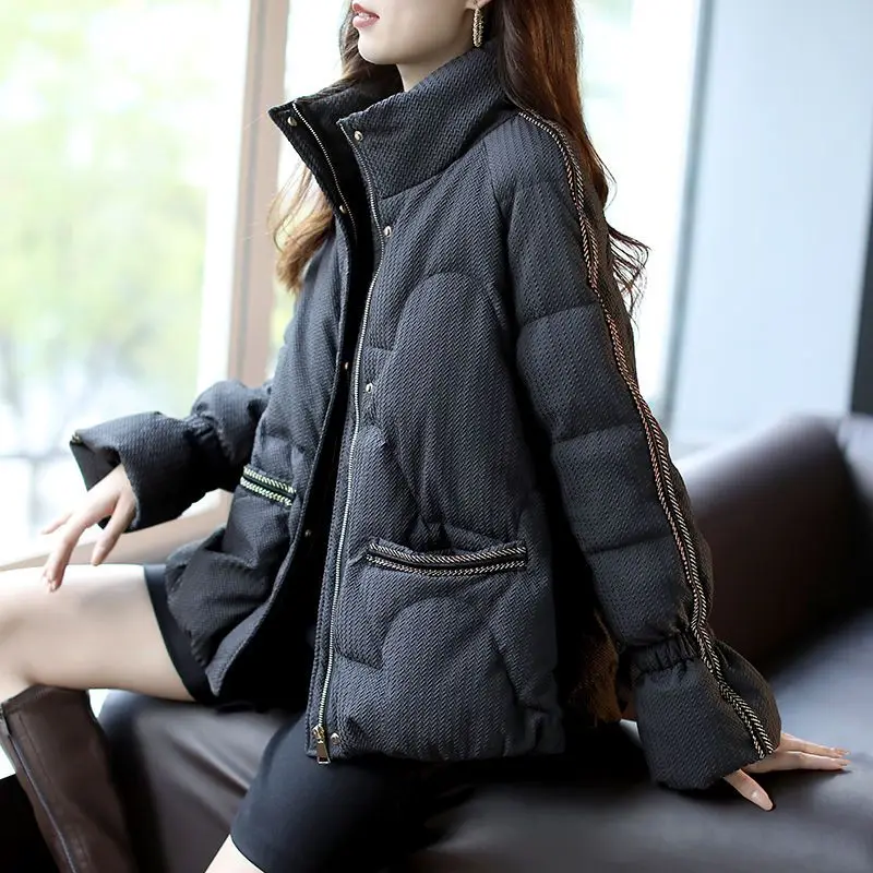 

Winter Down Cotton Puffer Jacket Women Long Sleeve Parka Zipper Pockets Korean Fashion Thick Warm Jacket Black Outerwear New