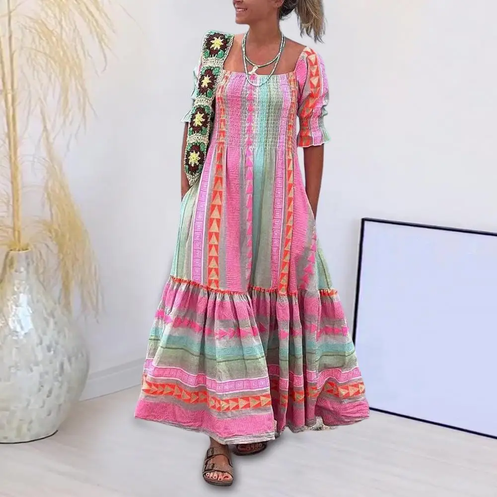 Lady Maxi Dress Bohemian Style Geometric Print Maxi Dress for Women Square Neck Pleated Patchwork Half Sleeves Vacation Beach