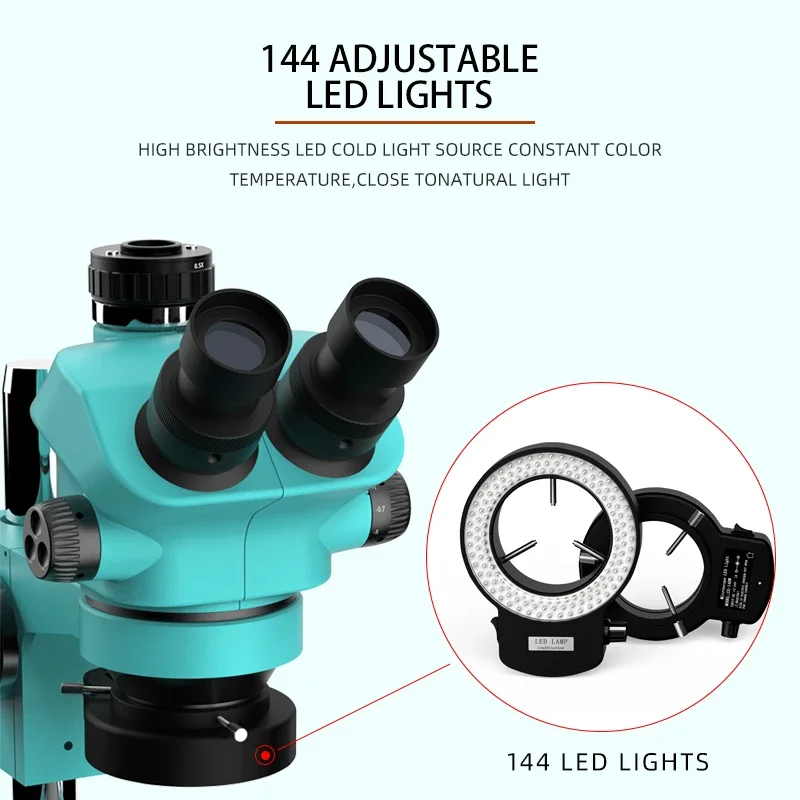 RF4 7-50X microscopio trinoculare testa Simul focale Zoom continuo microscopio Stereo WF10X/22mm oculare 144 lampada a LED 0.5X CTV Len