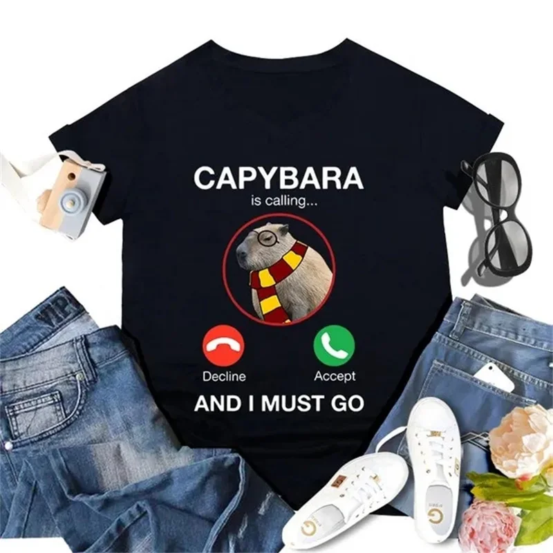 Funny Capybara Is Calling And I Must Go Printed T Shirts for Men Tops Cute Womens Clothing Kids Short Sleeve Round Neck T-Shirt