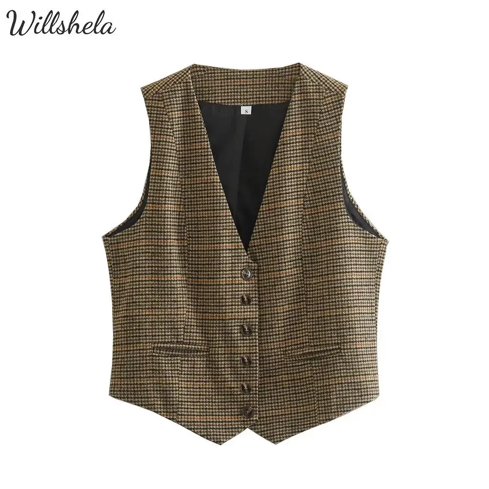 Willshela Women Houndstooth Vest V-Neck Sleeveless Single Breasted Female Chic Office Lady Vintage Korean Tops Waistcoat