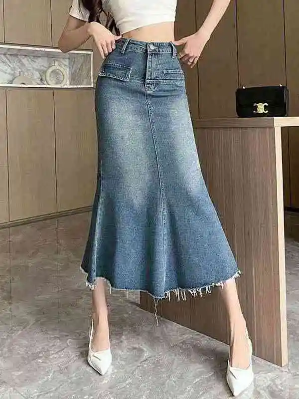 

Винтажная джинсовая юбка женская летняя новая корейская сексуальная юбка А-силуэта с высокой талией Cleanfit с вышивкой, средней посадки, из ПВХ ткани