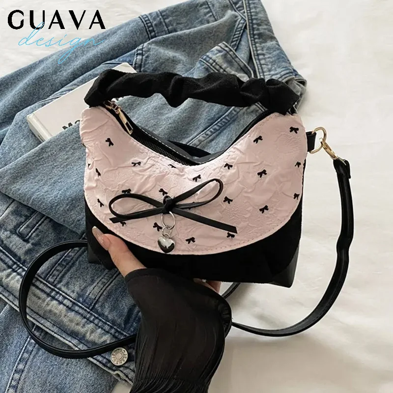 

Bow Lace Splicing Dumpling Handbag Grid French Underarm Pouch Tote Bag Single-shoulder Crossbody Bag Daily Commuting Bag