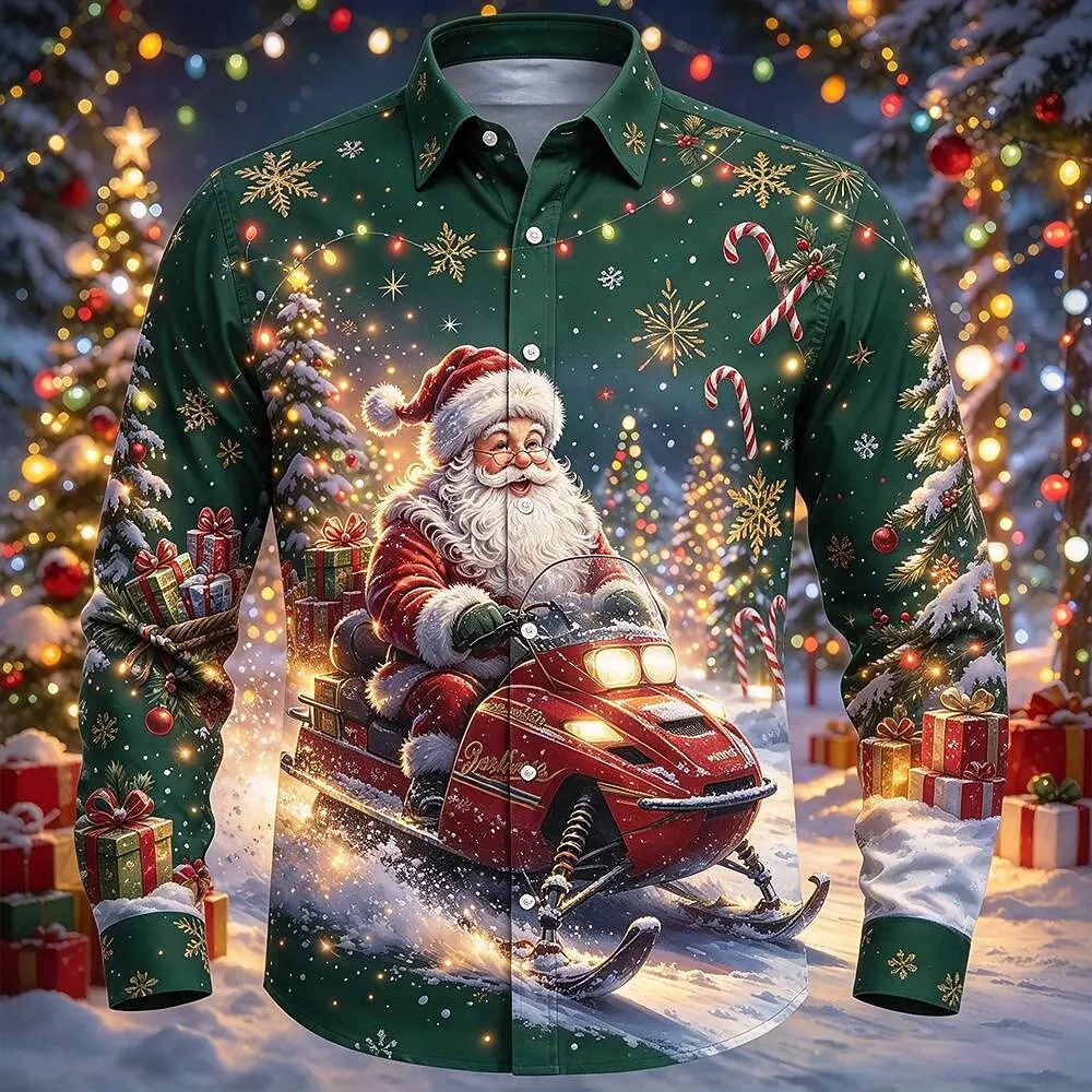 Santa Snowmobile Christmas Print Men Shirt, Xmas Candy Cane Long Sleeve Button Down Winter Holiday Shirt