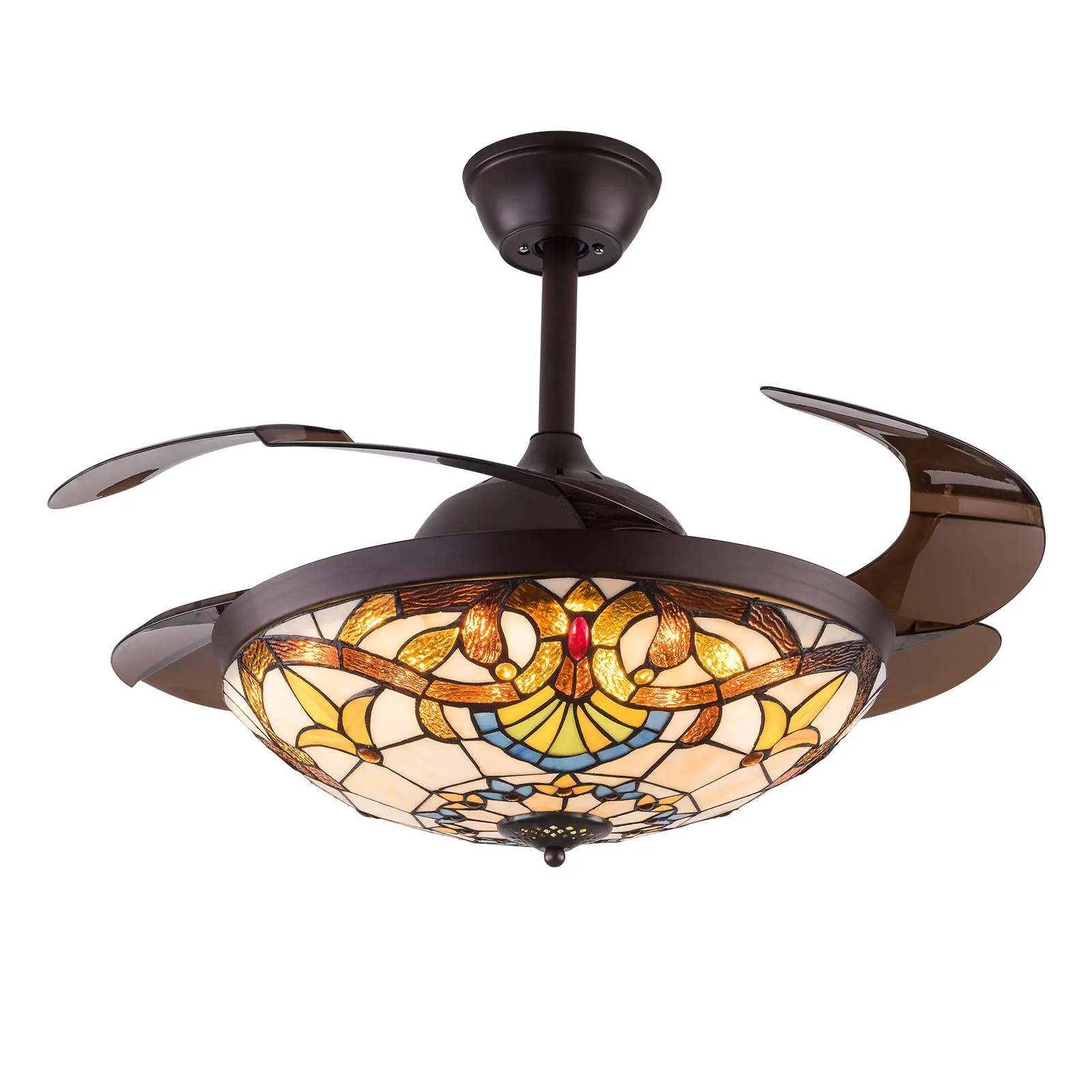 

42" Retractable Blades Tiffany Ceiling Fan with Light Remote LED Chandelier 3 Color Change LED Fandelier