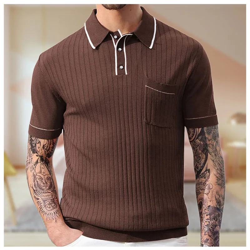 Business Casual Men's Polo Shirt Mature Charm Men's Clothing Summer New Hollow Knit Men's Shirt Knitted Cardigan T Shirt Men Top