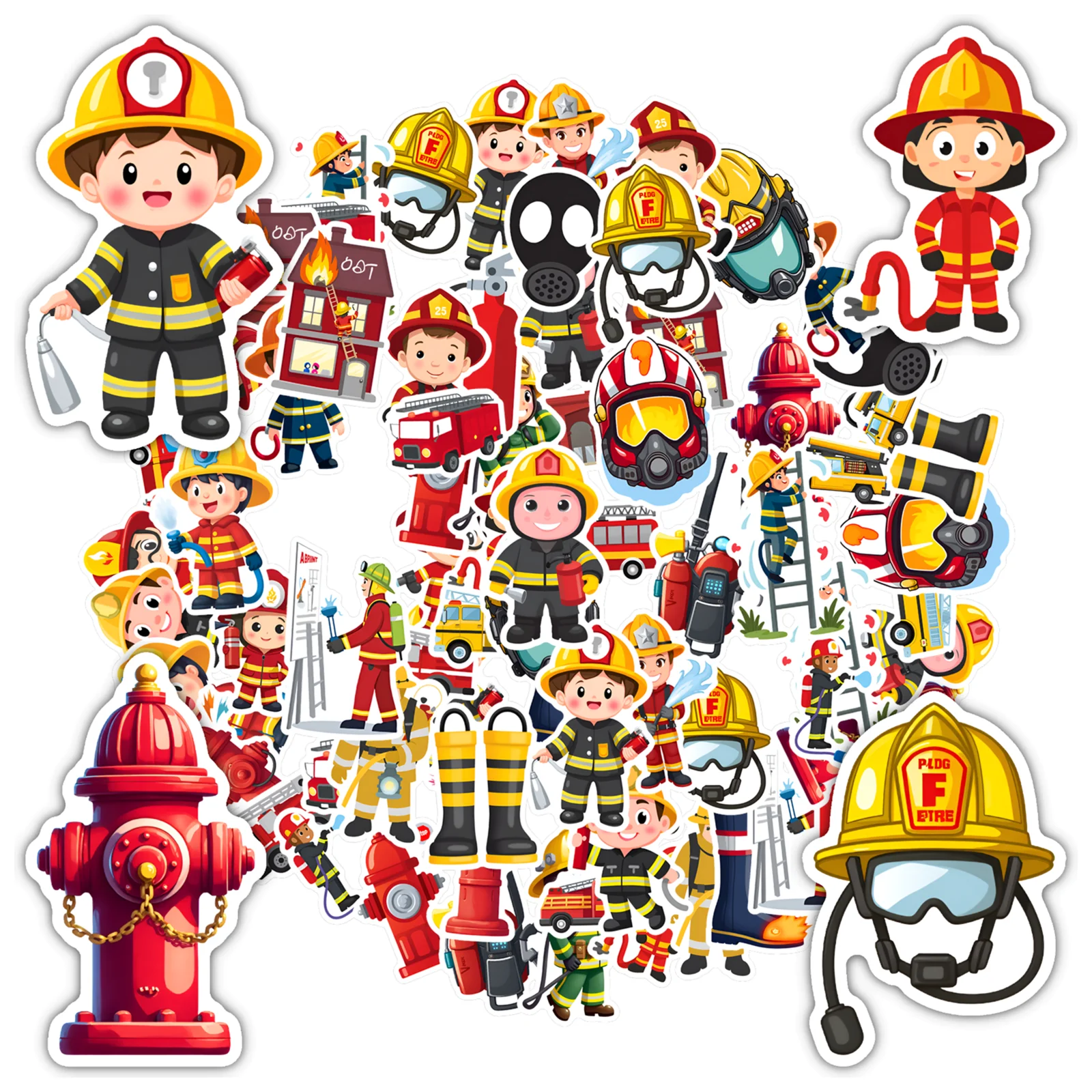 35pcs-50pcs Colorful Fire Equipment Stickers Playful Firefighter Stationery Stickers Fire Equipment Stickers For Guitar Laptop