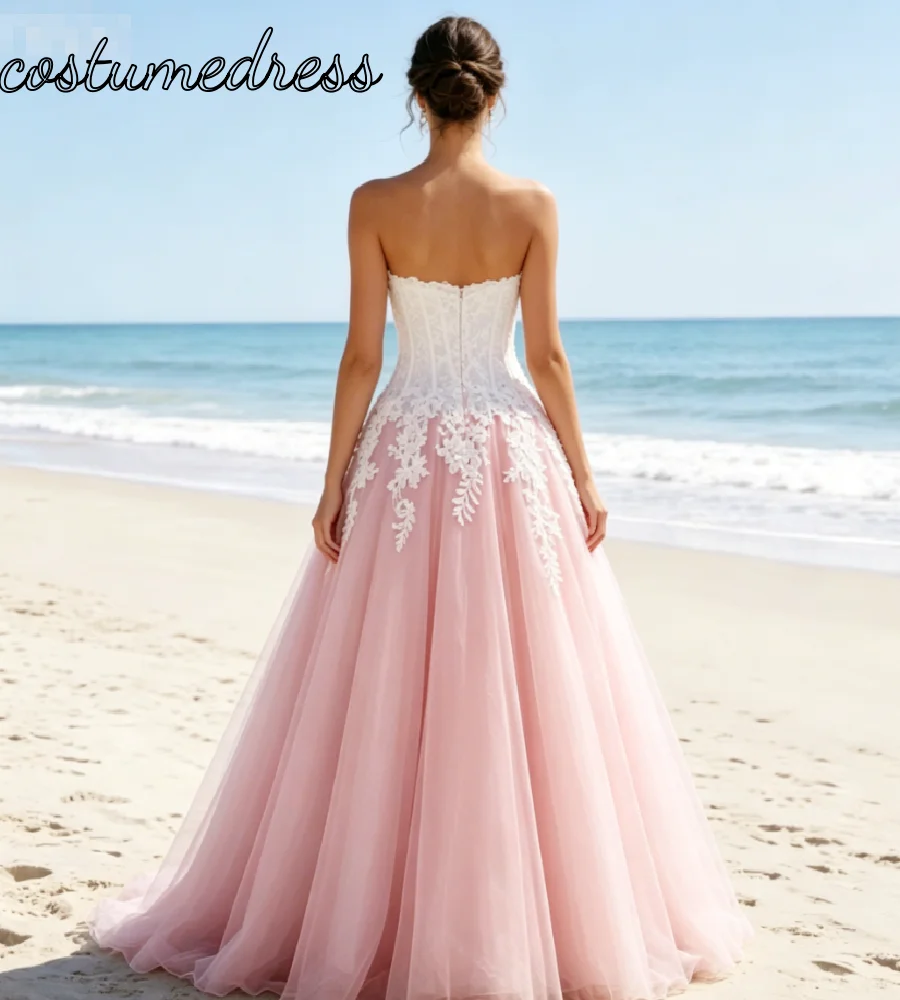 Elegant Blush Pink Wedding Dress Sweetheart A Line Tulle Lace Beach Destination Elopement Bridal Gown 2026 Bohemian Civil