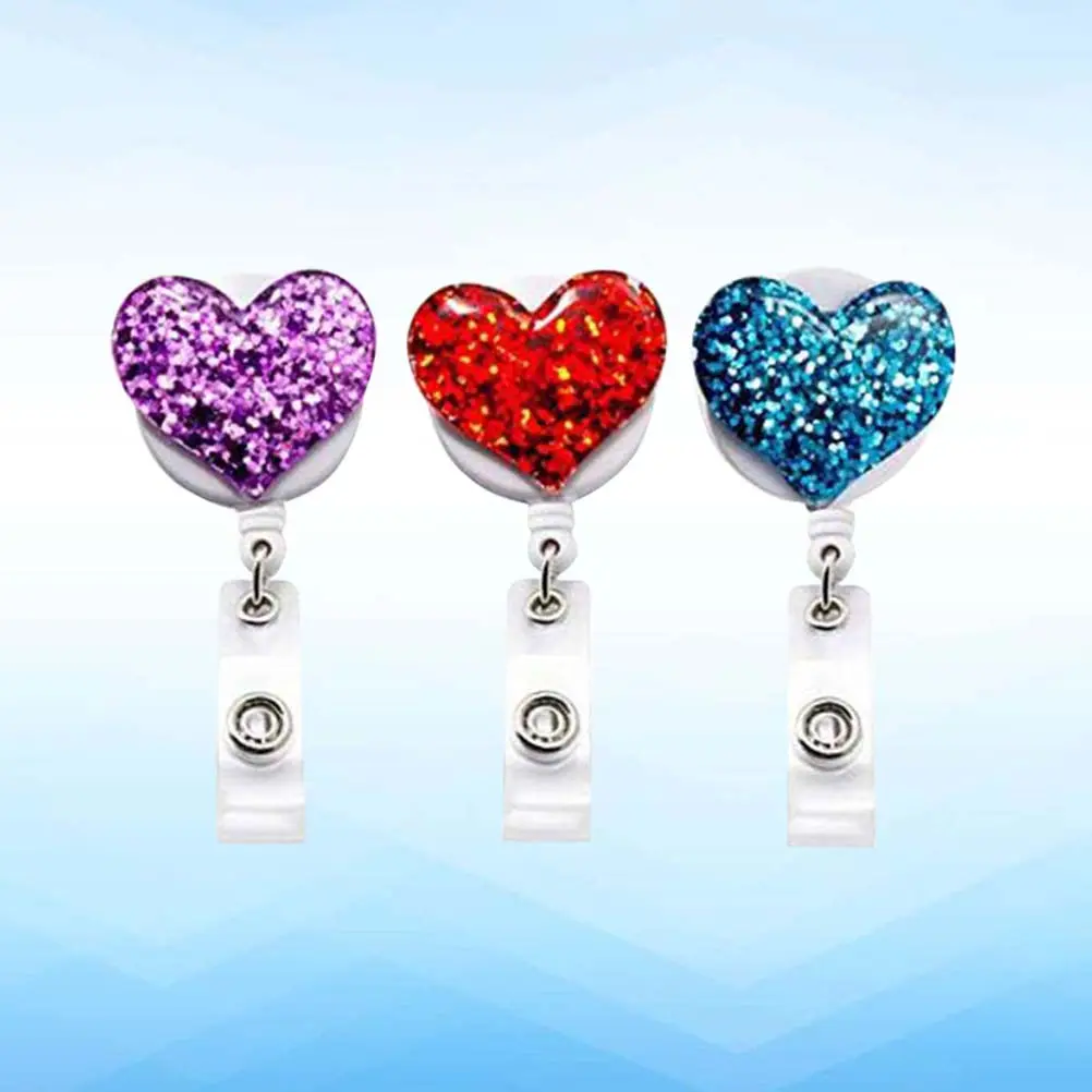 

3Pcs Heart Shaped Rhinestone Badge Reels Retractable Clip Alloy Buckle for Id Badge Holder Name Tags Keys Nurses Office Students