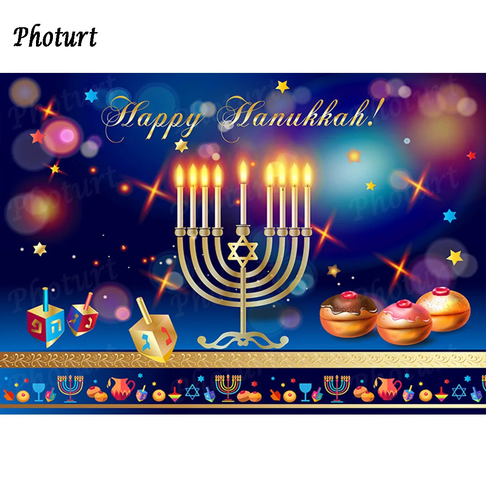 PHOTURT Happy Hanukkah Backdrop Holiday Festival Decoration Photography Banner Golden Glitter Candle Background Decorate Props