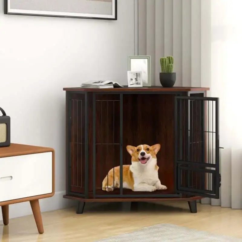 Cage d'angle pour chien avec porte à verrouillage pour la nourriture, 3 pieds en caoutchouc, structure métallique, grand plateau de travail