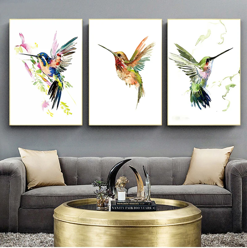 Colorido abstracto colibrí recogiendo néctar cuadro sobre lienzo para pared impresiones de acuarela imágenes decorativas para el hogar sala de estar