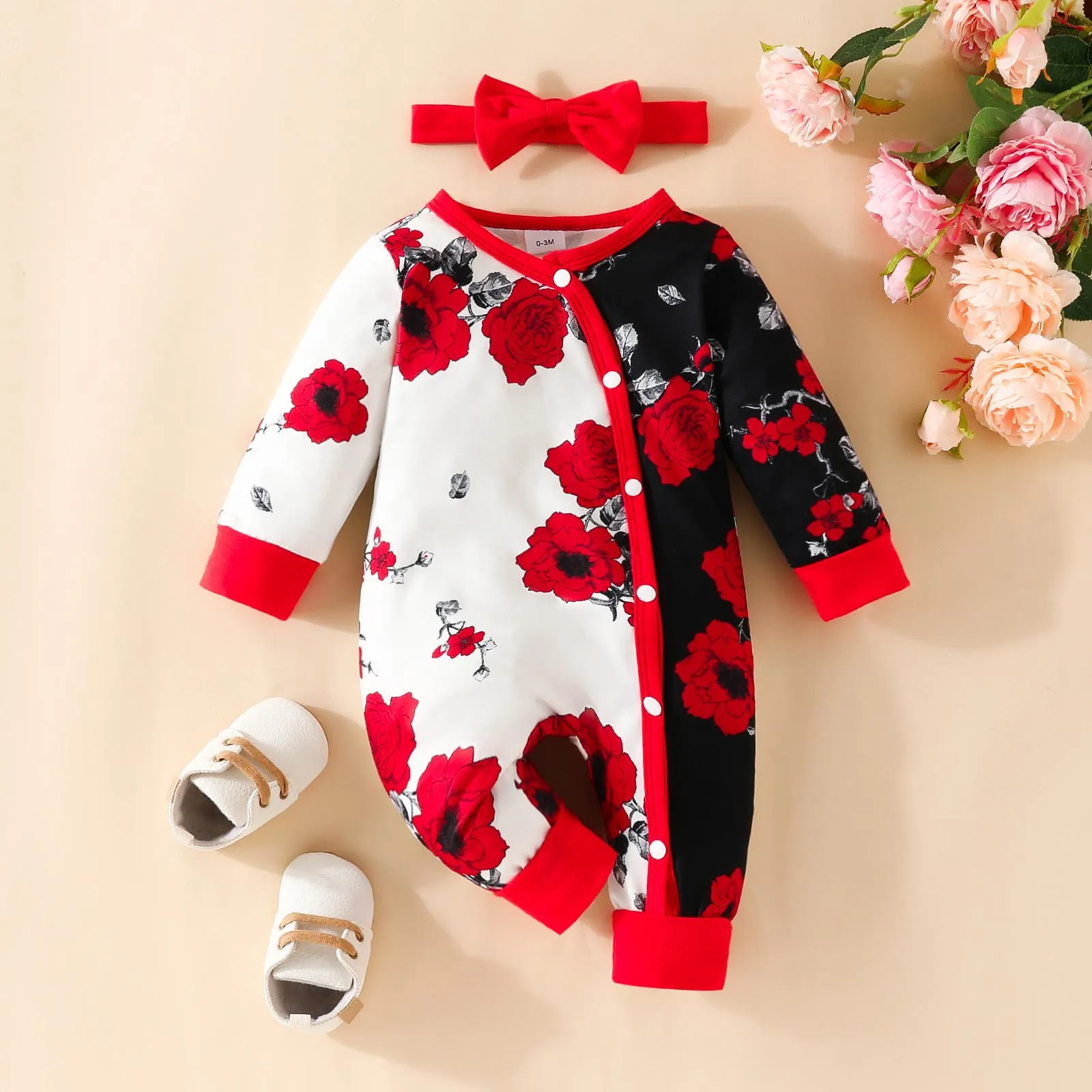 

0-18M Baby Girl Winter Jumpsuit Long Sleeve Flower Ruffles Floral Orange Romper Bodysuit With Hat 3pcs Baby Clothing For Newborn