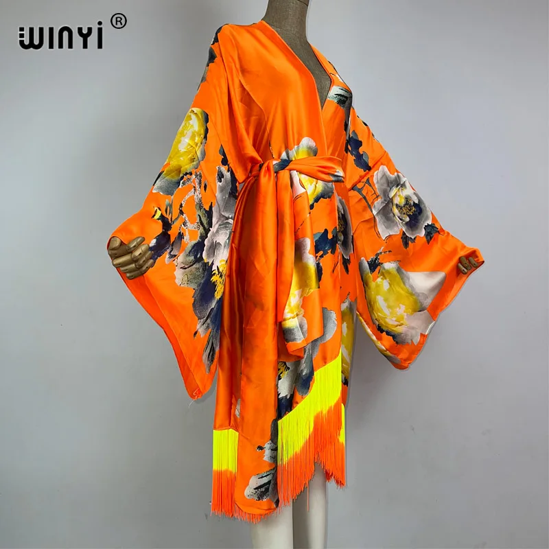 WINYI kimono moda boho letnie stroje plażowe letnie artystyczny nadruk osłona do Bikini sweter seksowne wakacje z długim rękawem sukienka z frędzlami