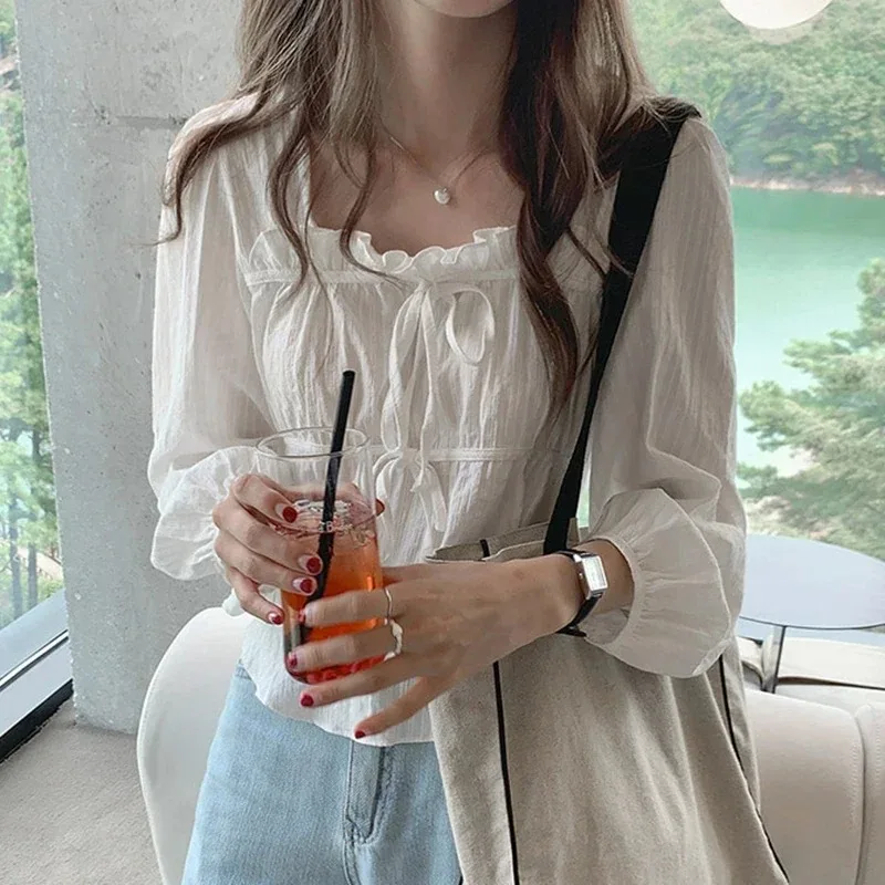 Sweet Linen Cotton Shirt Casual Square Collar White Blouse Korean Style Long Sleeve Tops Fashion Soft Clothes Blusas Femme 11700