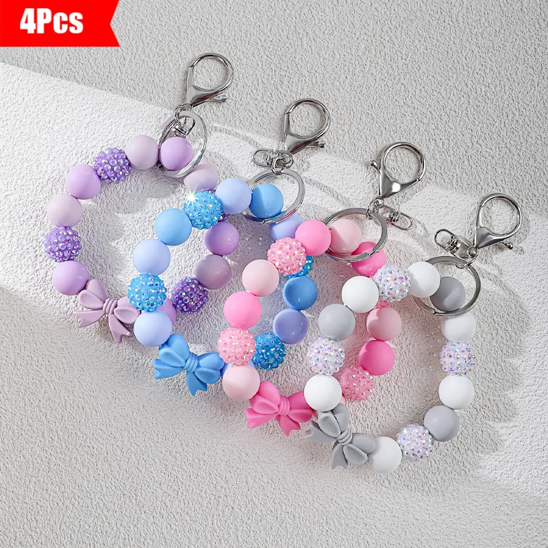 4Pcs/set Sweet Bow Charm Silicone Key Rings Full of aura, sparkling diamonds embellished with bead design gift for a friend