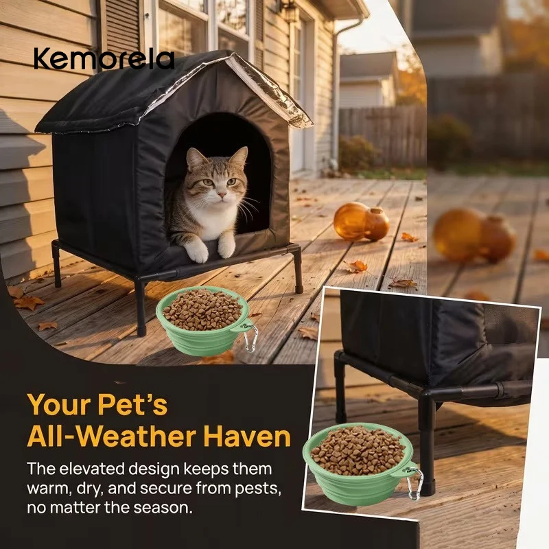 Outdoor Elevated Dog House with Foldable Bowl & Support Board Waterproof Oxford Pet Shelter Insulated Warm Bed for Small Dogs