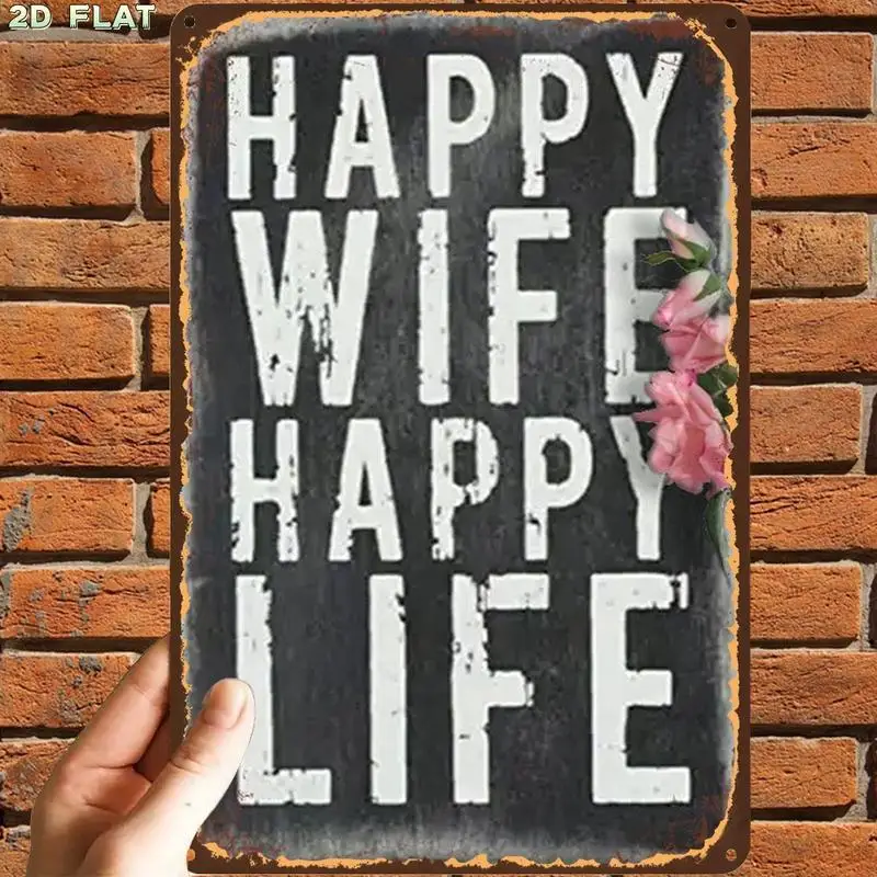 2D Flat,1pc,Retro VintageHappy Wife Happy Life SignMetal Tin Sign, Pre-Drilled Holes, Suitable for Indoor, Garden,Outdoor, Toile