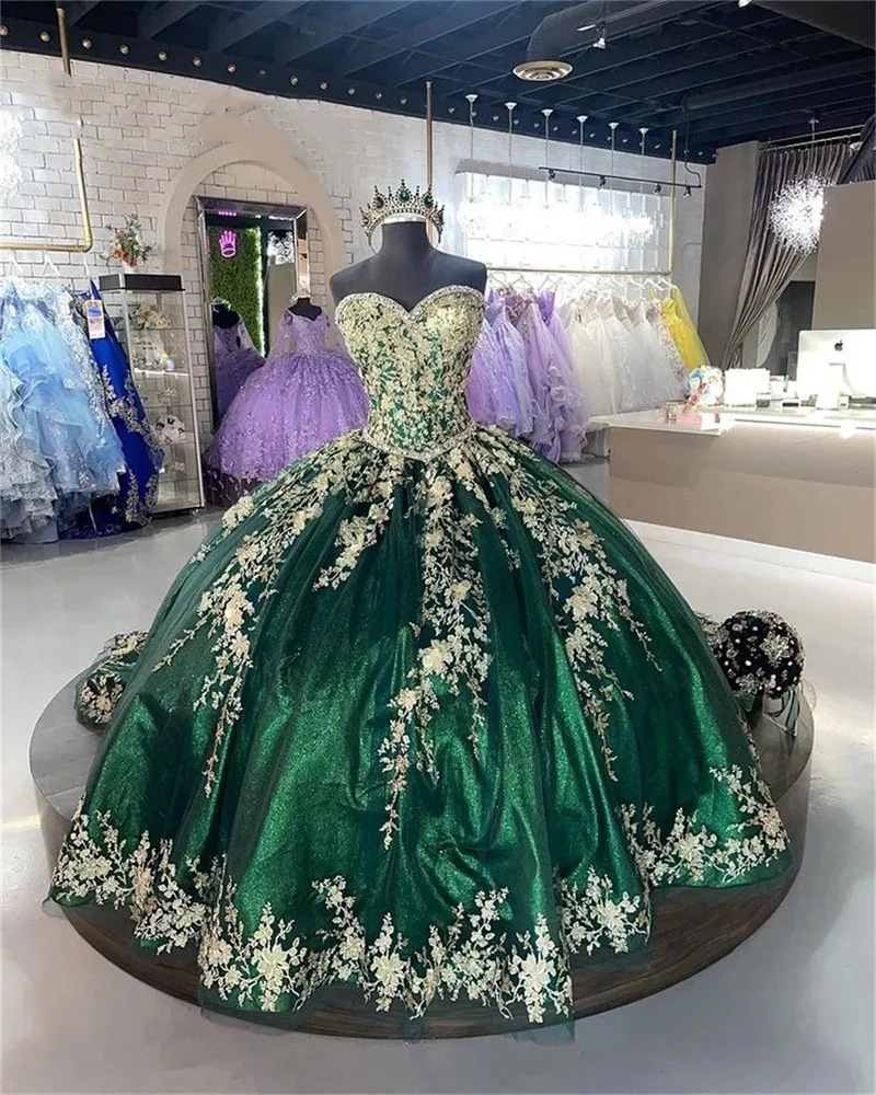 Vestido De quinceañera verde esmeralda, vestido De baile con cuentas, escote corazón, fiesta De cumpleaños, con cordones, 15 Años