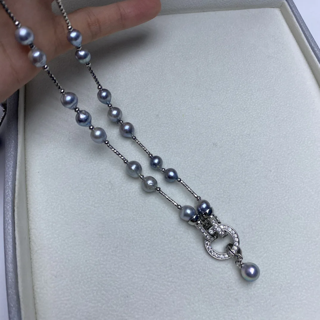 Akoya Seawater Baroque Pearl Necklace, Slight Irregular Shape Excellent Gray Luster, S925 Silver Clasp Jewelry Gift