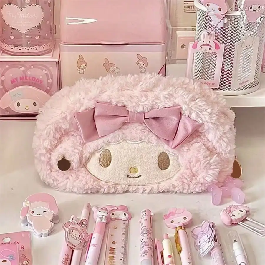 Sanrio 1pc KT Cat Plush Pencil Case, High-Value Cross Cute Bow cartoon Stationery Bag, Cute Large Capacity Student Text