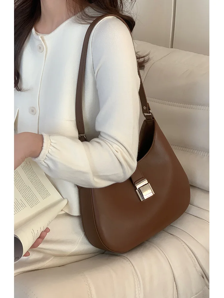 Niche Crescent Underarm Bag Female2024New Mid-Ancient Elegant Shoulder Bag All-Match Commute Genuine Leather Bag Women's Bag