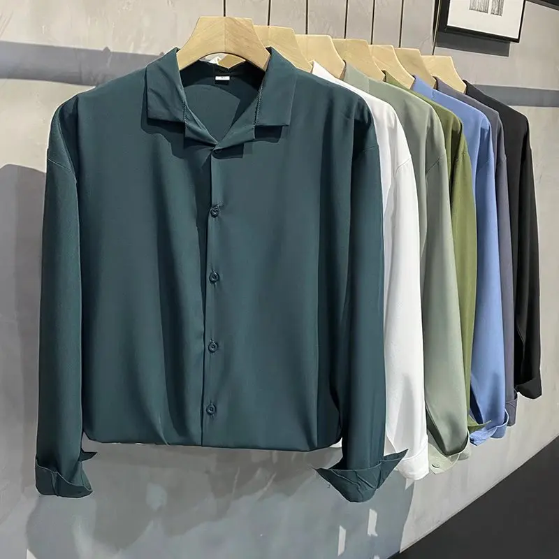 

Spring Autumn New Sle Men's Ice Silk irt Casual Design Sensation Small ence Mis Blue Retro Hong Kong Sle Loose Fit