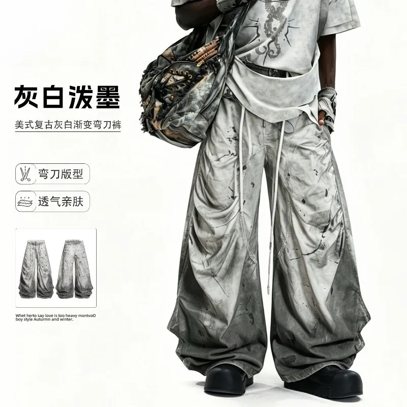 New Double Waistband Dirty Washed Splatter Vintage Baggy Denim Pants Men Y2k Gothic Punk Distressed Wide Leg Trousers Streetwear
