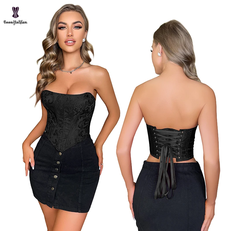 

Plus Size XS-6XL Black Brocade Women's Sexy Strapless Lace Up Boned Bustier Side Zip Corset Bodyshaper Crop Top