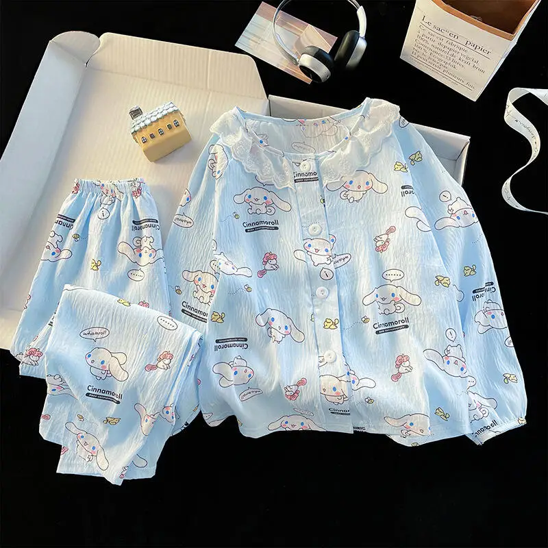 

Women's Long-Sleeved Trousers Pajamas Set Women's Sweet Cartoon Lapel Cardigan Home Wear Spring Autumn New Soft Two-Piece Set