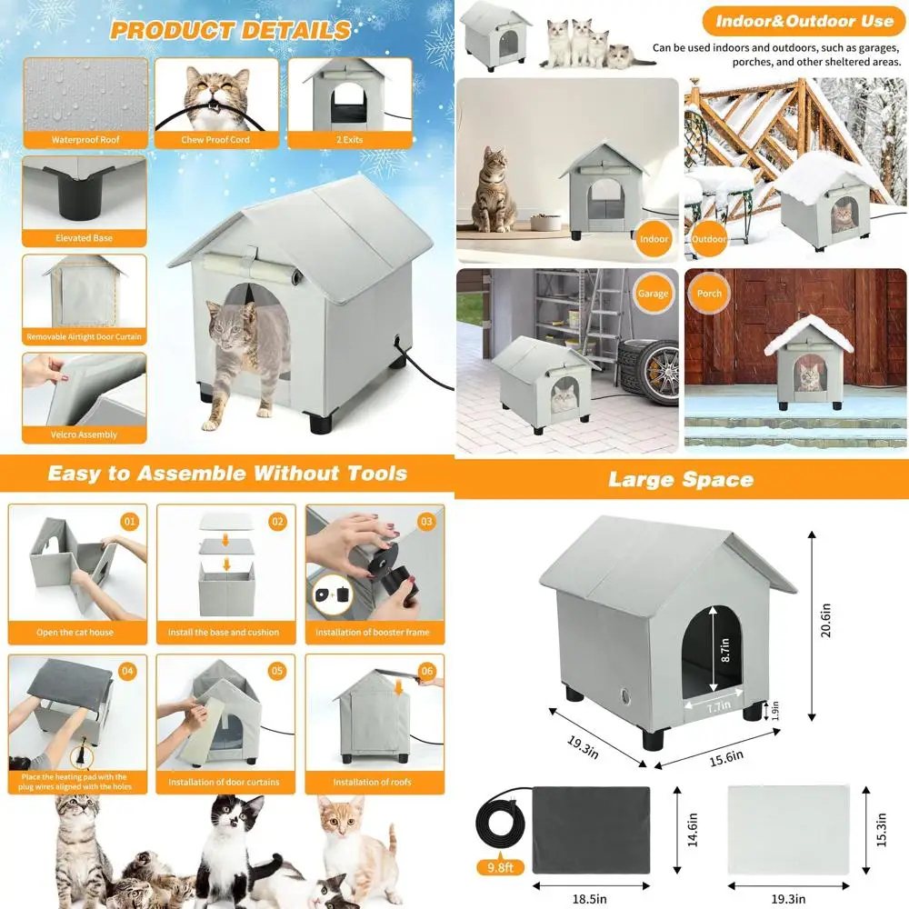 

Зимняя утепленная уличная будка для кошек с дверцей для выхода, водонепроницаемая и приподнятая, для диких кошек или маленьких собак (серая, средняя)