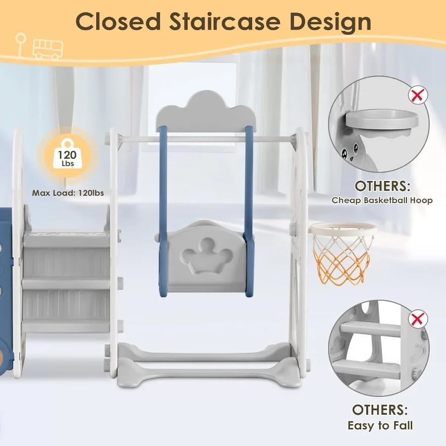 Ensemble toboggan et balançoire pour tout-petits 5 en 1, toboggan pour bébé sur le thème du Bus pour tout-petits de 13 ans, aire de jeux extérieure et intérieure pour tout-petits, bleu gris