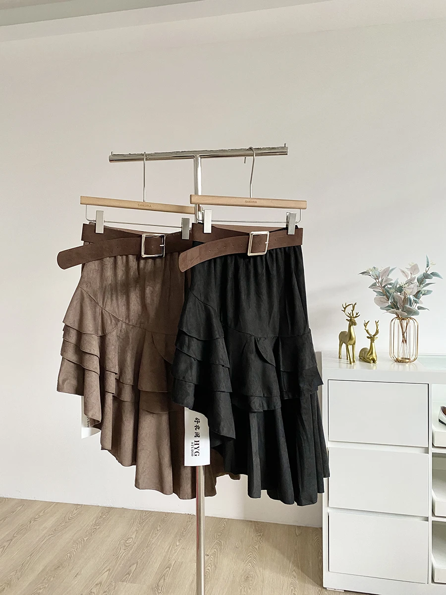 

Women's Autumn Winter Irregular Ruffles A Line Suede Long Skirt Lady Streetwear Solid Color High Waist Asymmetrical Skirt
