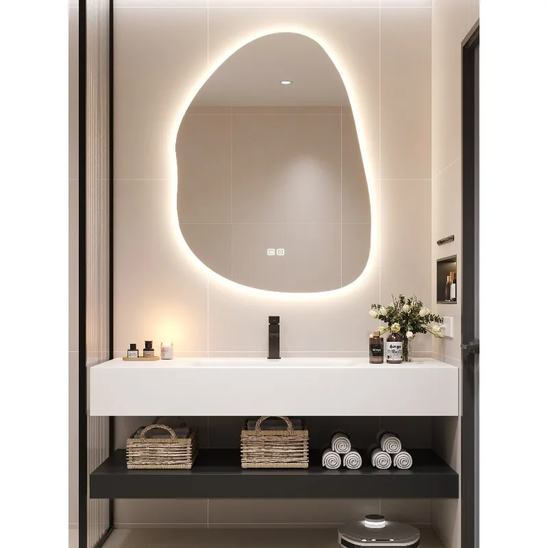 

Modern simple bathroom cabinet combination, rock slab hot bending integrated basin, bathroom double-layer washbasin