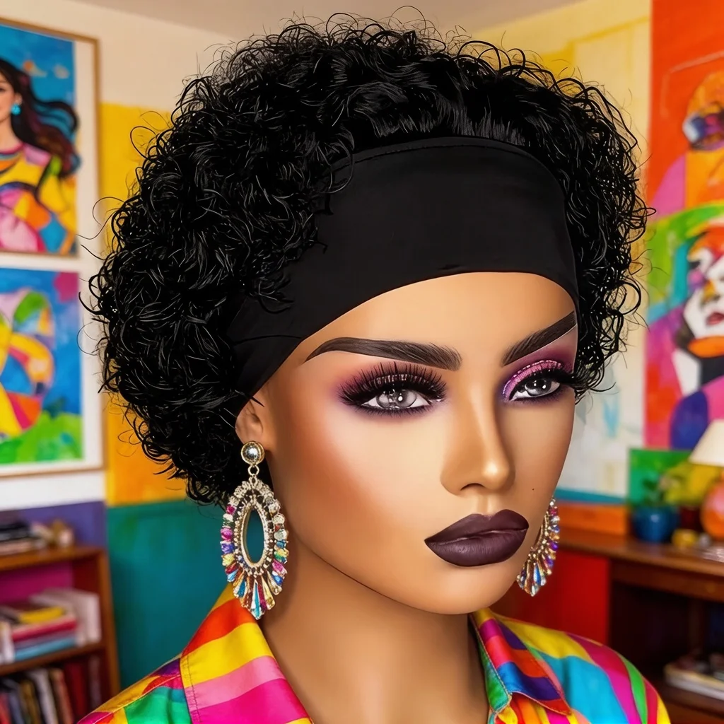 

Women's Headband Human Hair Wig | Short Afro Water Wave Wig with Rose Net Cap | Ideal for Cosplay,full Machine Made