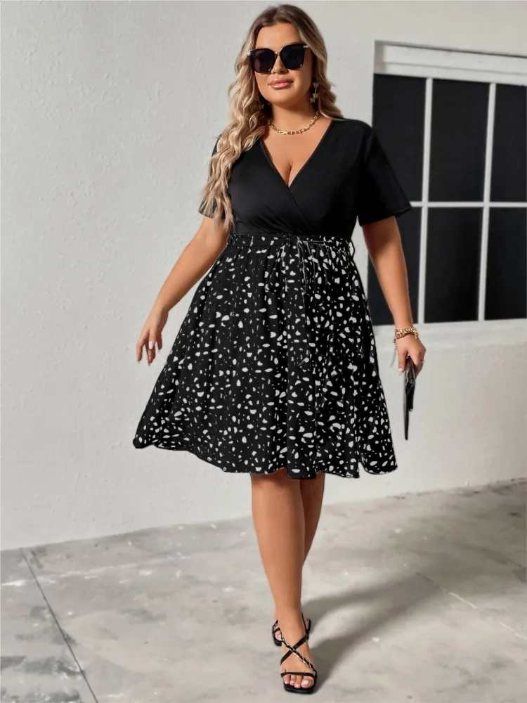 

2025 Summer Women's Dresses Fashion Casual V Neck Tie Waist Short Sleeve Color Block Ruffle Dress Vestidos Para Mujer Streetwear