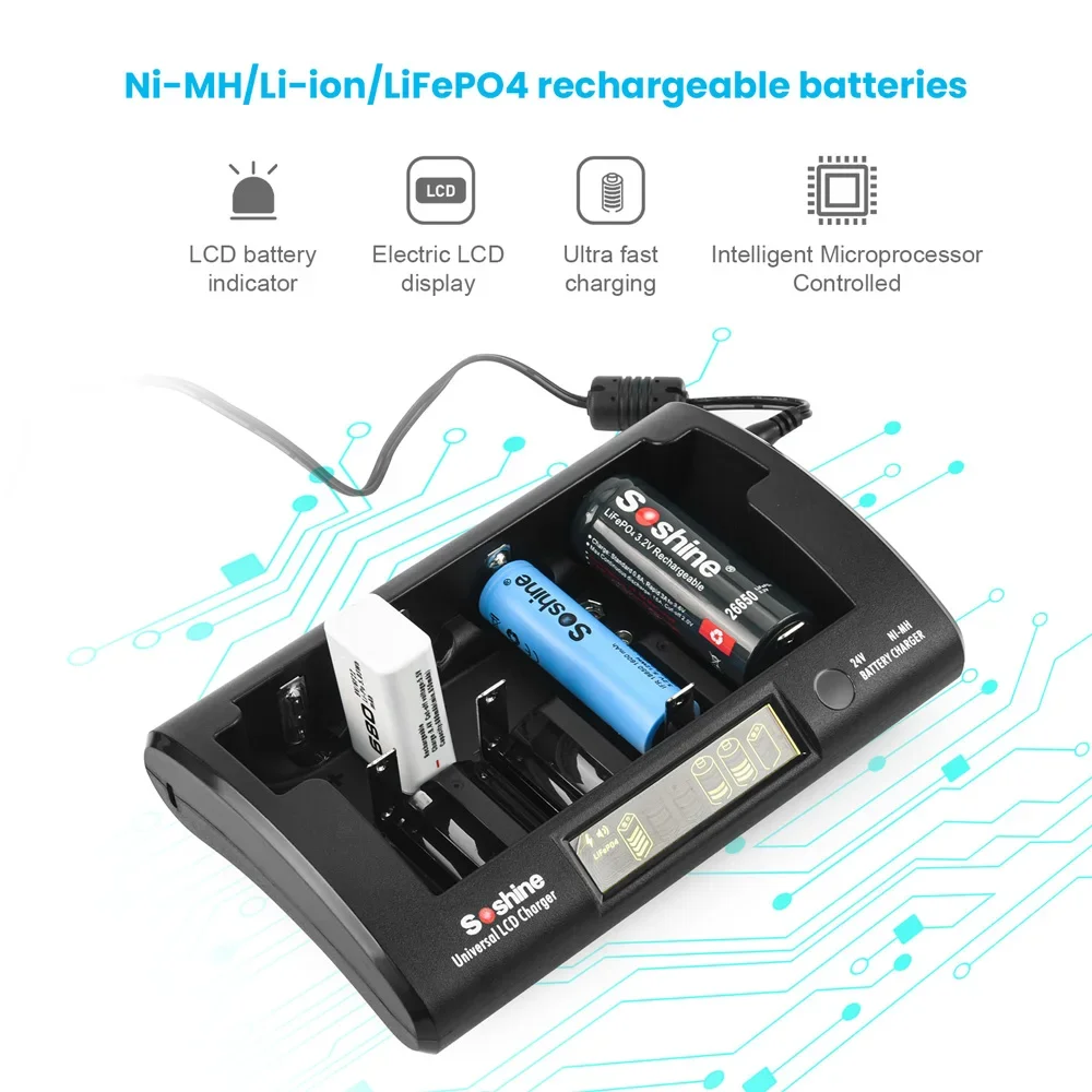 Soshine lcd universal ladegerät 12v 2a batterie ladegerät für lifepo4 li-ion rcr123 ni-mh aaa aa