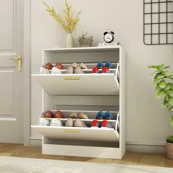 Image Shoe Cabinet with 2 Flip Drawers - Narrow Shoe Storage Cabinet for Entryway, Freestanding Hidden Shoe Organizer for Hallway