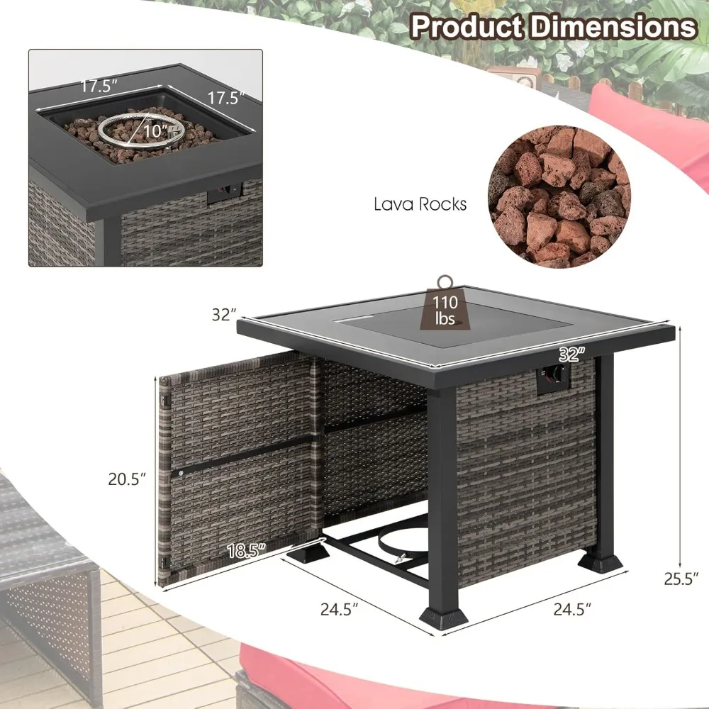 32 Inch Fire Pit Table with Removable Lid, Lava Stone, PVC Cover, CSA Certification, 50,000 BTU Propane Square Rattan Fire Pit