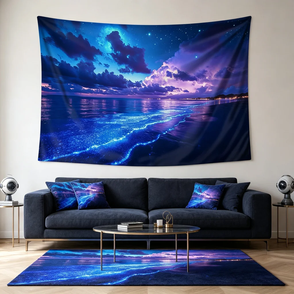 1PC Blue Glowing Ocean Art Print Backdrop Banner, Bedroom Living Room Photo Background, Polyester, Home Decor, Wall Art