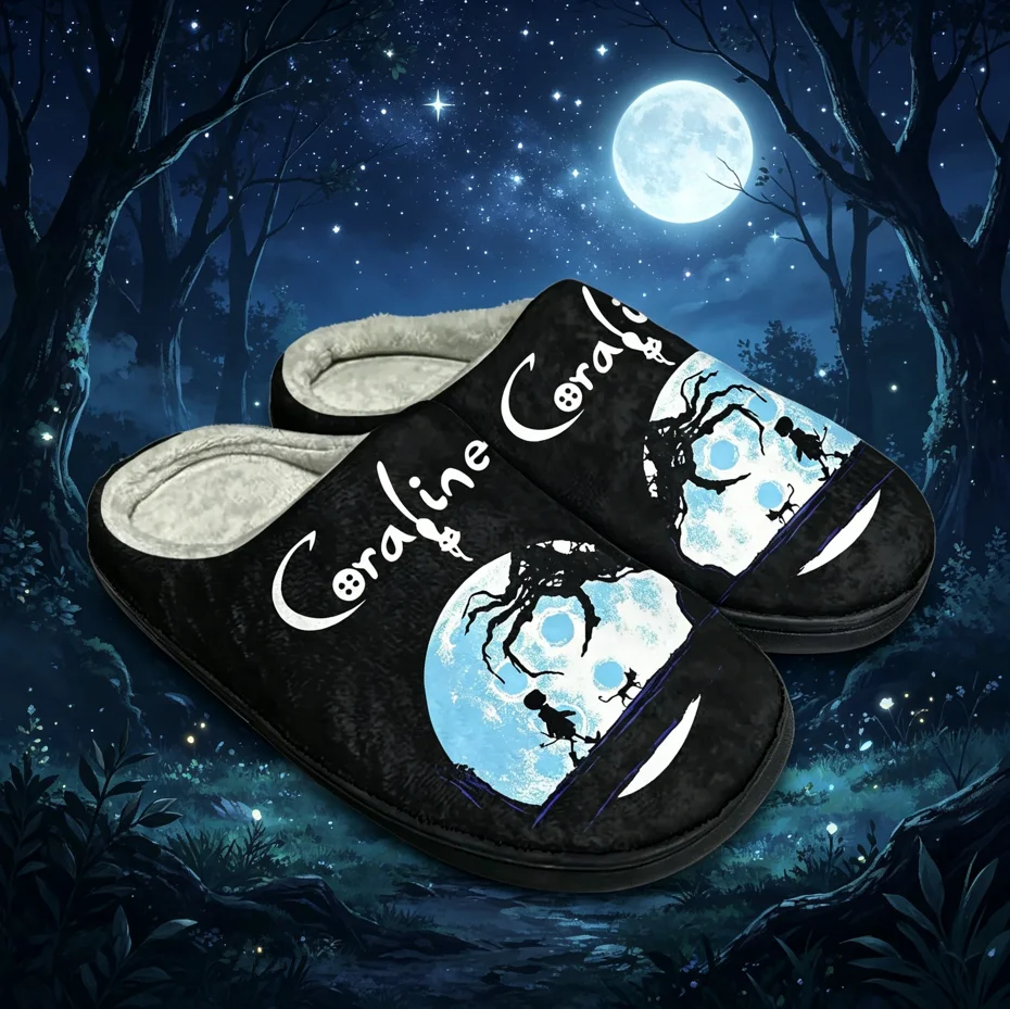 

Coraline Horror 3D Print Cotton Slippers Unisex Winter Warm Soft Plush Non Slip Indoor Home Casual House Shoes Men Women