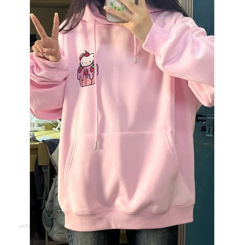 Sanrio Hello Kitty New Pink Hoodies Y2k Cartoon Print Sweet Clothes Women Pullovers Korean Fashion Sweatshirt Female Tops Hooded