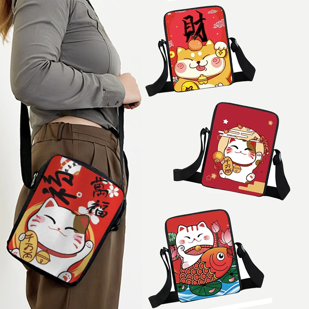 Japanese Lucky Fortune Cat Print Crossbody Bag Women Casual Handbags for Travel Girls Daily Shoulder Bags Student Bookbag Gift