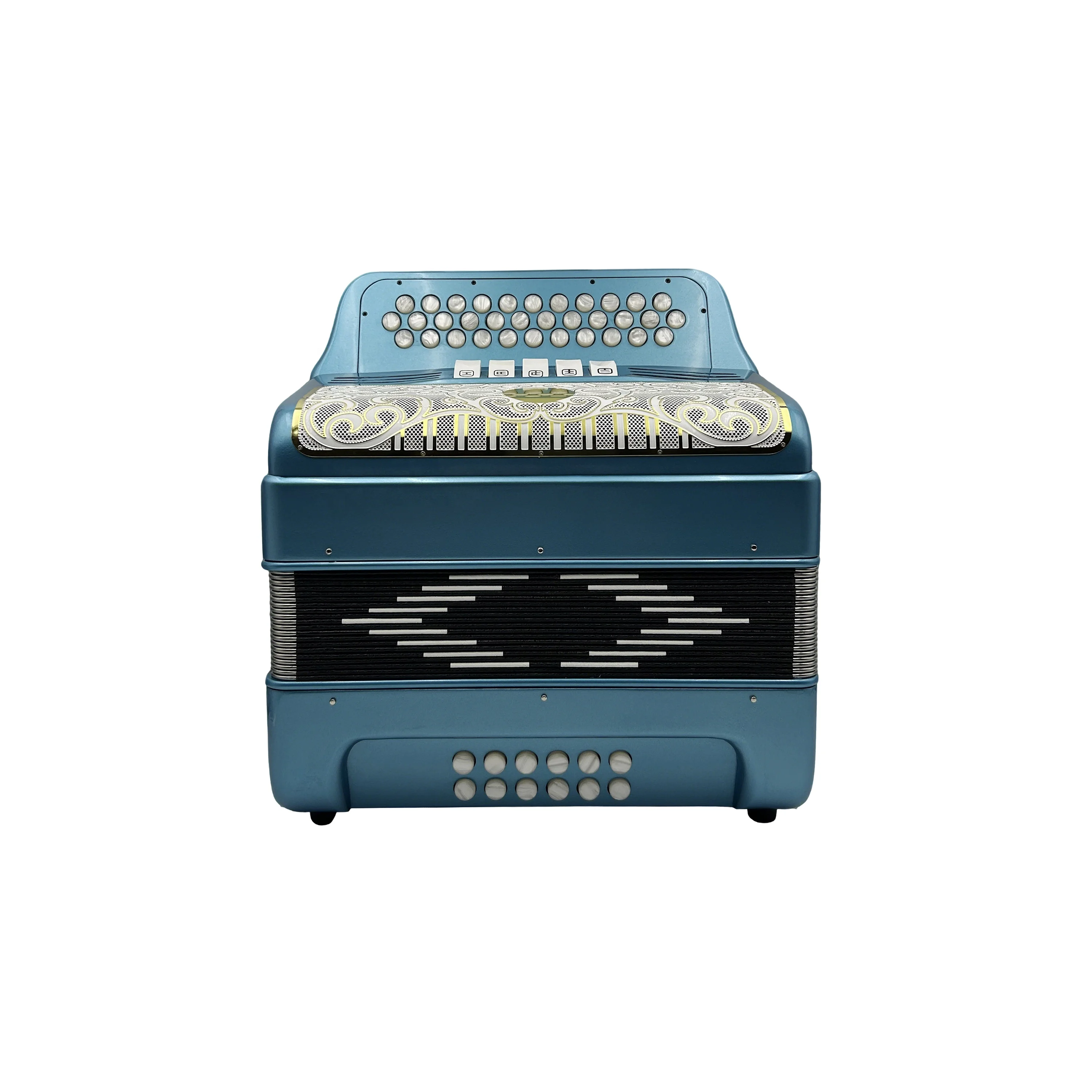 Professional Diatonic Accordion 34-Button 12-Bass 5-Registers Blue Metallic Wood Body White Gold Grill Portable