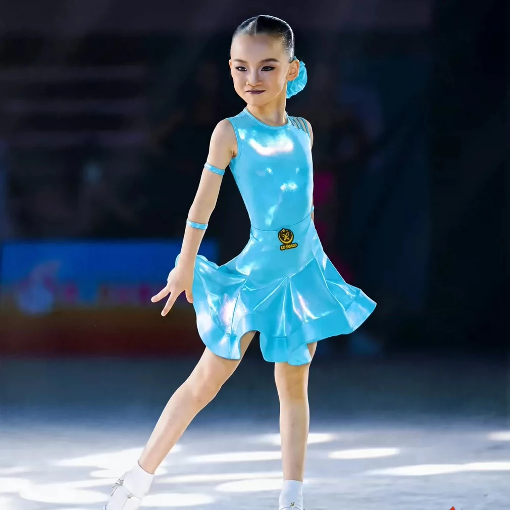 Fashion Girls Latin Dance Professional Dress Bright Blue Latin Dance Dress Children National Standard Ballroom Dance Wear 16464